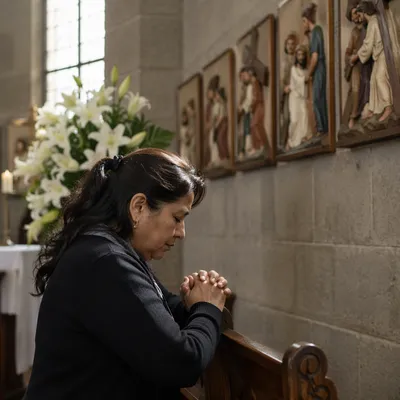 Woman Praying by Stations of the Cross