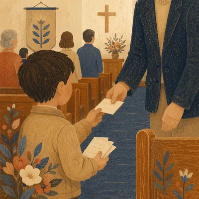Child Receiving Paper Card in Hall