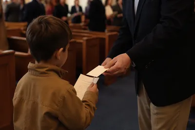 Child Receiving Paper Card in Hall
