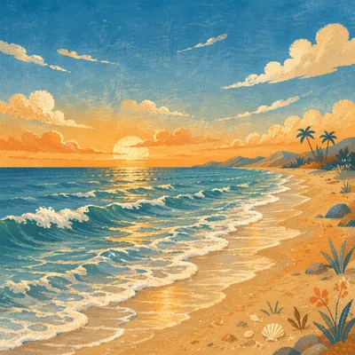Sunny Summer Beach Waves at Golden Hour