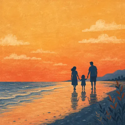 Summer Beach Sunset Family Silhouette Walk