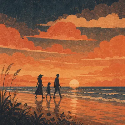 Summer Beach Sunset Family Silhouette Walk