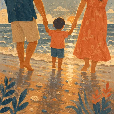 Summer Beach Sunset Family Silhouette Walk