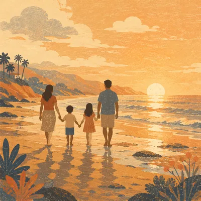 Summer Beach Sunset Family Silhouette Walk