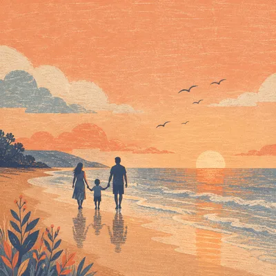 Summer Beach Sunset Family Silhouette Walk