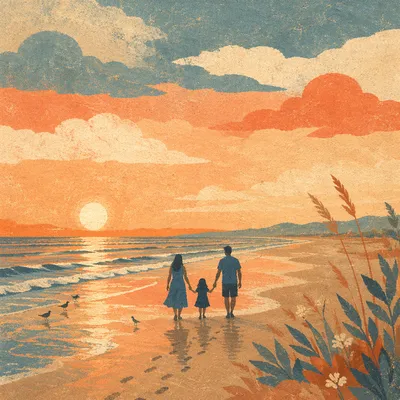 Family Silhouettes Walking at Summer Sunset