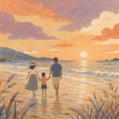 Summer Beach Sunset Family Silhouette Walk