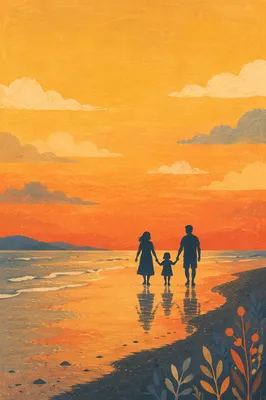 Summer Beach Sunset Family Silhouette Walk
