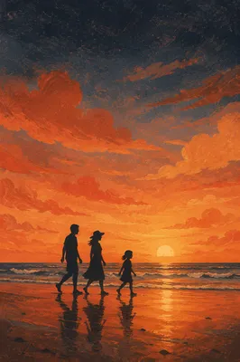 Summer Beach Sunset Family Silhouette Walk