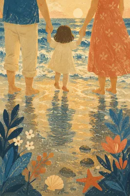 Summer Beach Sunset Family Silhouette Walk