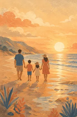 Summer Beach Sunset Family Silhouette Walk