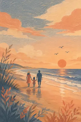 Summer Beach Sunset Family Silhouette Walk
