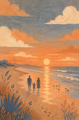 Family Silhouettes Walking at Summer Sunset