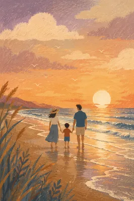 Summer Beach Sunset Family Silhouette Walk
