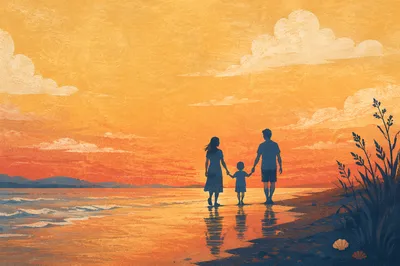 Summer Beach Sunset Family Silhouette Walk