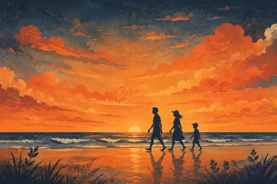 Summer Beach Sunset Family Silhouette Walk