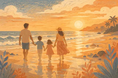 Summer Beach Sunset Family Silhouette Walk