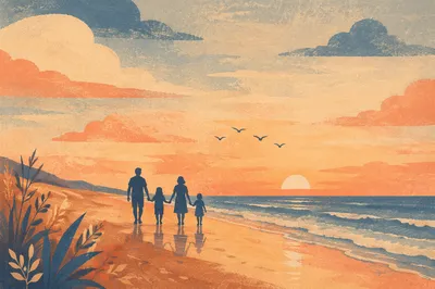 Summer Beach Sunset Family Silhouette Walk