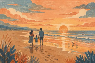 Summer Beach Sunset Family Silhouette Walk