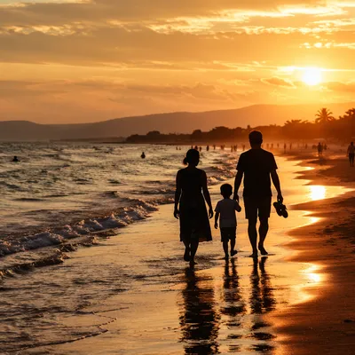 Summer Beach Sunset Family Silhouette Walk