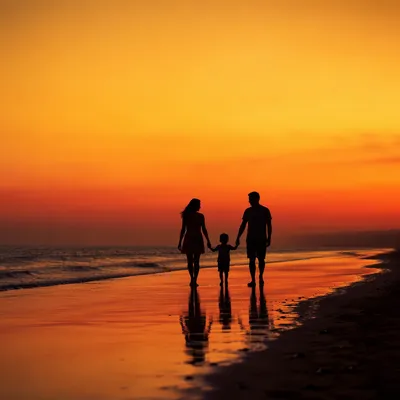 Family Silhouettes Walking at Summer Beach Sunset