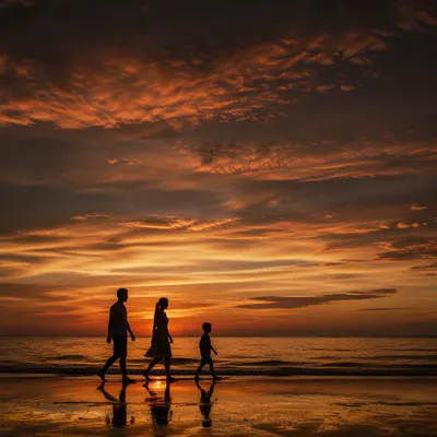 Family Silhouettes Walking at Summer Sunset