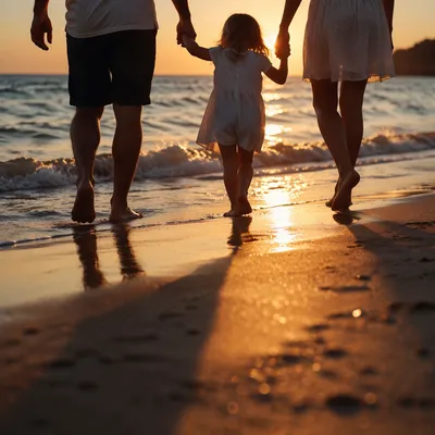 Summer Beach Sunset Family Silhouette Walk