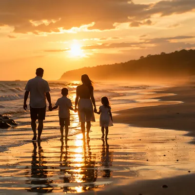 Family Silhouettes Walking at Summer Beach Sunset