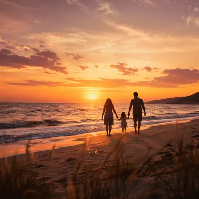 Family Silhouettes Walking at Summer Sunset