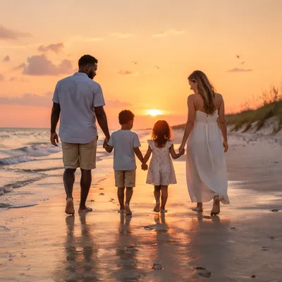 Family Walking on Beach at Sunset