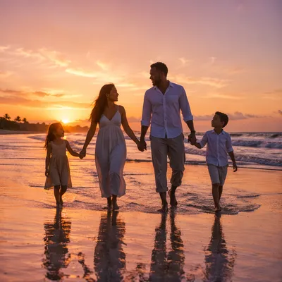 Family Silhouettes Walking on Beach at Sunset