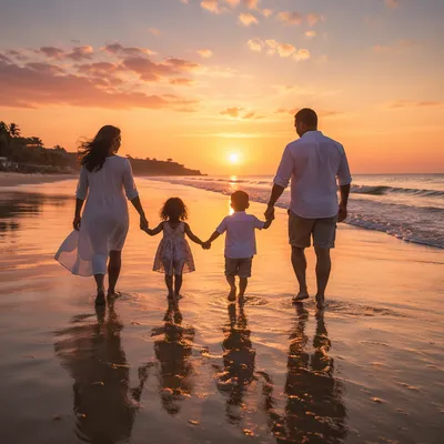 Family Silhouettes Walking on Sunset Beach