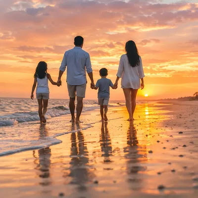 Family Walking on Beach at Sunset