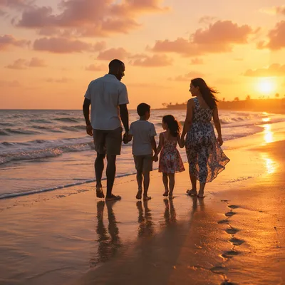 Family Silhouettes Walking on Summer Beach