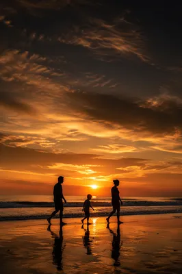 Family Silhouettes Walking at Summer Sunset