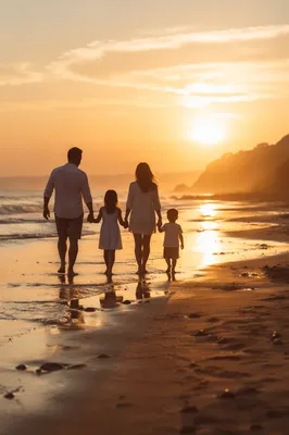 Family Silhouettes Walking on Summer Beach Sunset