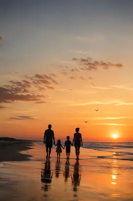 Family Silhouettes Walking on Summer Beach Sunset