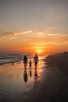 Family Silhouettes Walking at Summer Beach Sunset