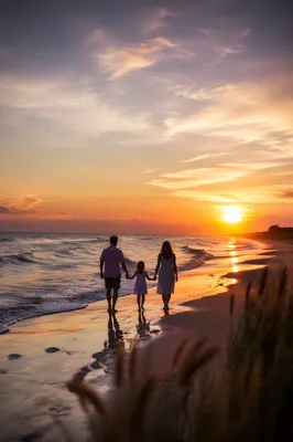 Summer Beach Sunset Family Silhouette Walk