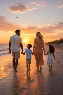 Family Walking on Beach at Sunset