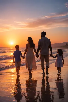 Family Silhouettes Walking on Beach Sunset