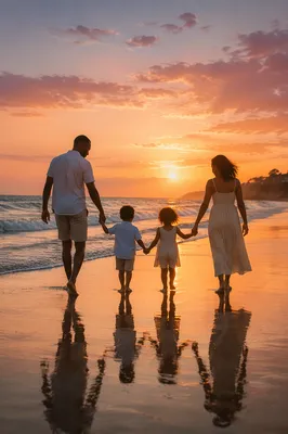 Family Silhouettes Walking on Sunset Beach