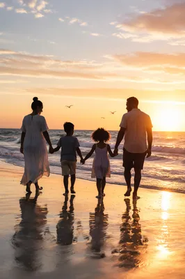Family Silhouettes Walking on Beach Sunset