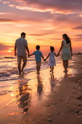 Family Walking on Beach at Sunset