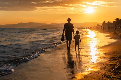 Summer Beach Sunset Family Silhouette Walk
