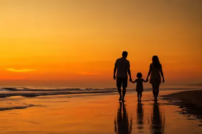 Summer Beach Sunset Family Silhouette Walk