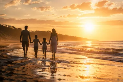 Summer Beach Sunset Family Silhouette Walk