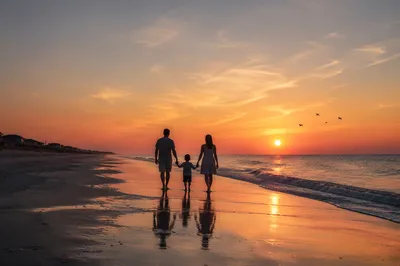 Summer Beach Sunset Family Silhouette Walk