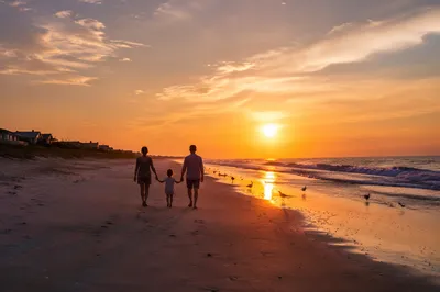 Summer Beach Sunset Family Silhouette Walk
