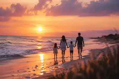 Summer Beach Sunset Family Silhouette Walk